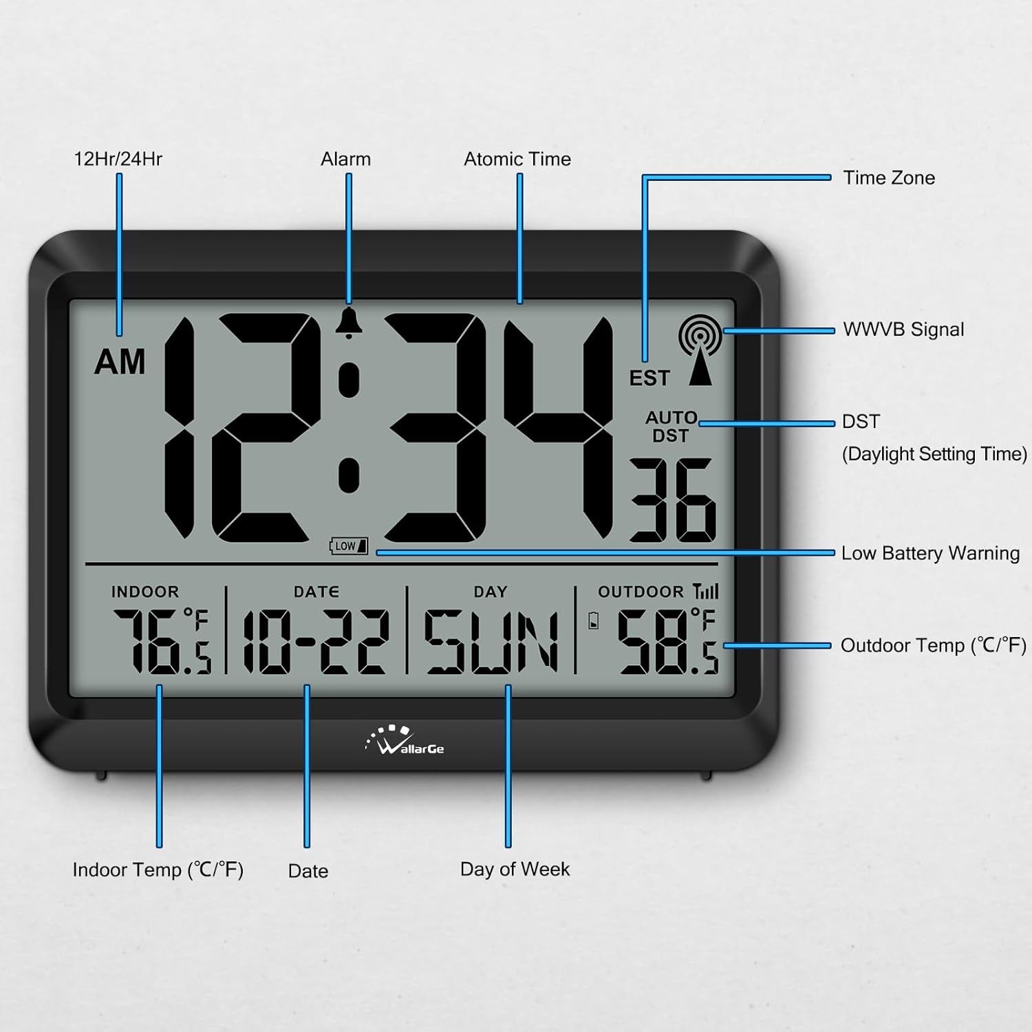 WallarGe Atomic Clock with Indoor Outdoor Temperature - 8.5'' Digital Clock Battery Operated, Self-Setting, 4 Time Zones, DST - Image 7