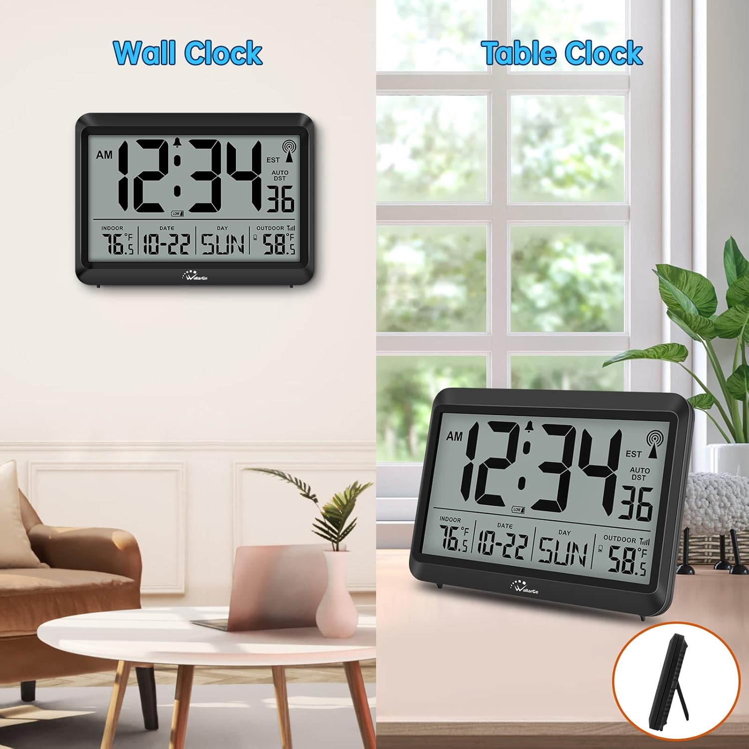 WallarGe Atomic Clock with Indoor Outdoor Temperature - 8.5'' Digital Clock Battery Operated, Self-Setting, 4 Time Zones, DST - Image 5