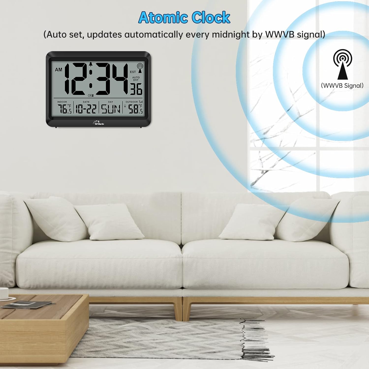 WallarGe Atomic Clock with Indoor Outdoor Temperature - 8.5'' Digital Clock Battery Operated, Self-Setting, 4 Time Zones, DST - Image 3