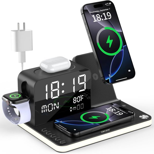 acer 7-in-1 Wireless Charging Station: Charger Stand for Multiple Devices for Apple - iPhone 16 15 14 13 12 Pro Max Apple Watch Airpods, Wireless Charger iPhone Charging Station with Bluetooth TimeSyn