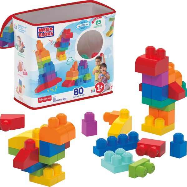 Mega Bloks First Builders Toddler Blocks Toys Set, Big Building Bag with 80 Pieces and Storage, Ages 1+ Years