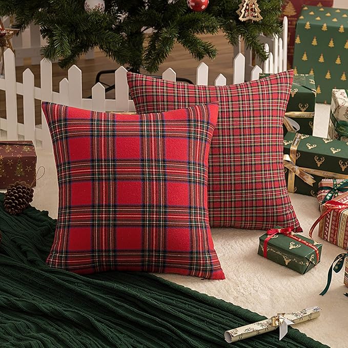 AQOTHES Pack of 2 Christmas Plaid Decorative Throw Pillow Covers Scottish Tartan Cushion Case for Farmhouse Home Holiday Decor Red and Green, 18 x 18 Inches - Image 2