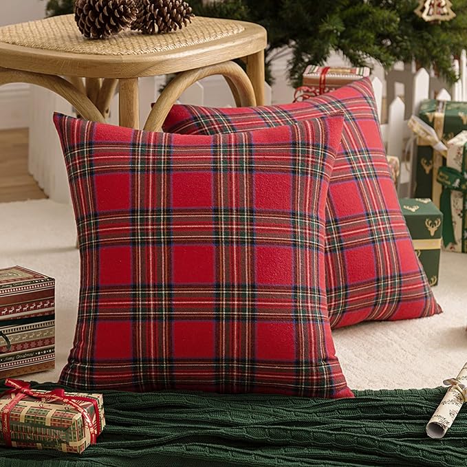 AQOTHES Pack of 2 Christmas Plaid Decorative Throw Pillow Covers Scottish Tartan Cushion Case for Farmhouse Home Holiday Decor Red and Green, 18 x 18 Inches - Image 5