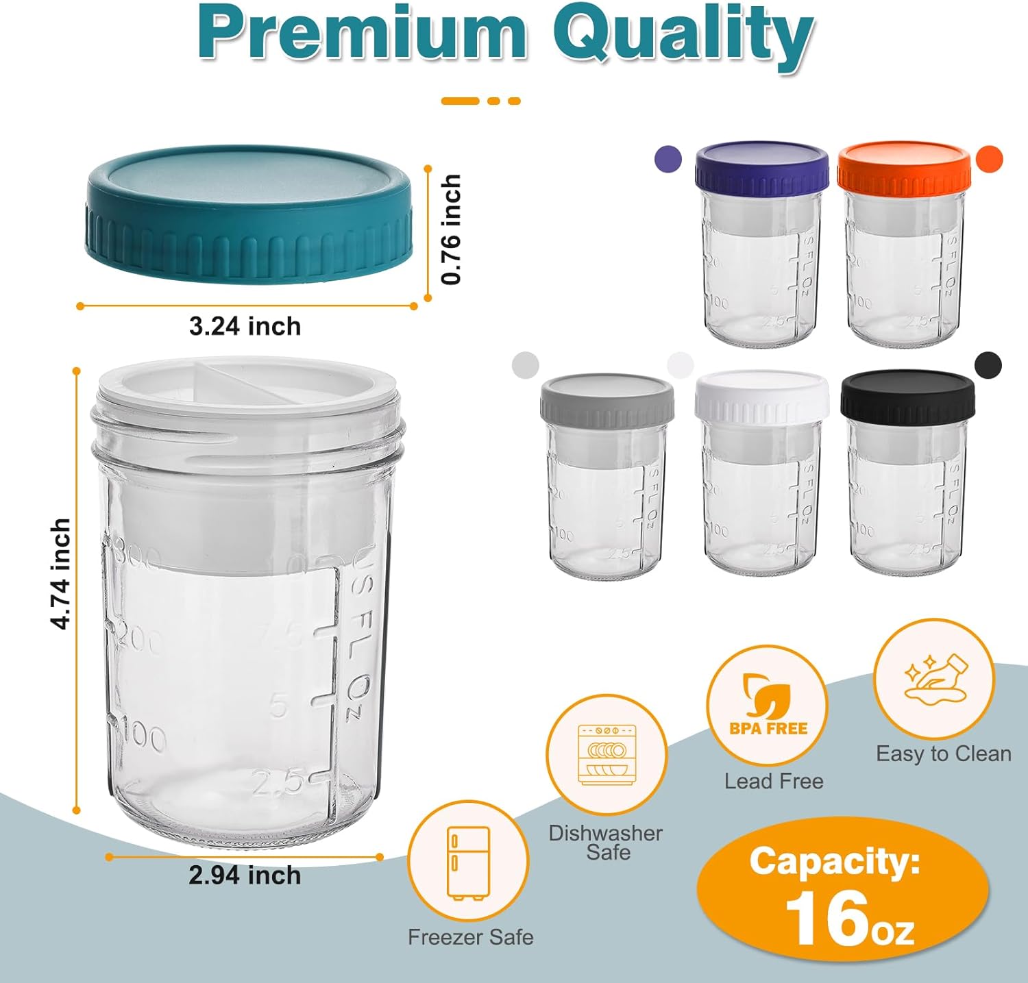 Liuruiyu 6 Pack 16 oz Overnight Oats Containers with Lids and Spoons, Wide Mouth Mason Jars with Removable Separate Compartments, Airtight and Leak-Proof Glass Jars for Chia Pudding, Yogurt, Parfait - Image 7