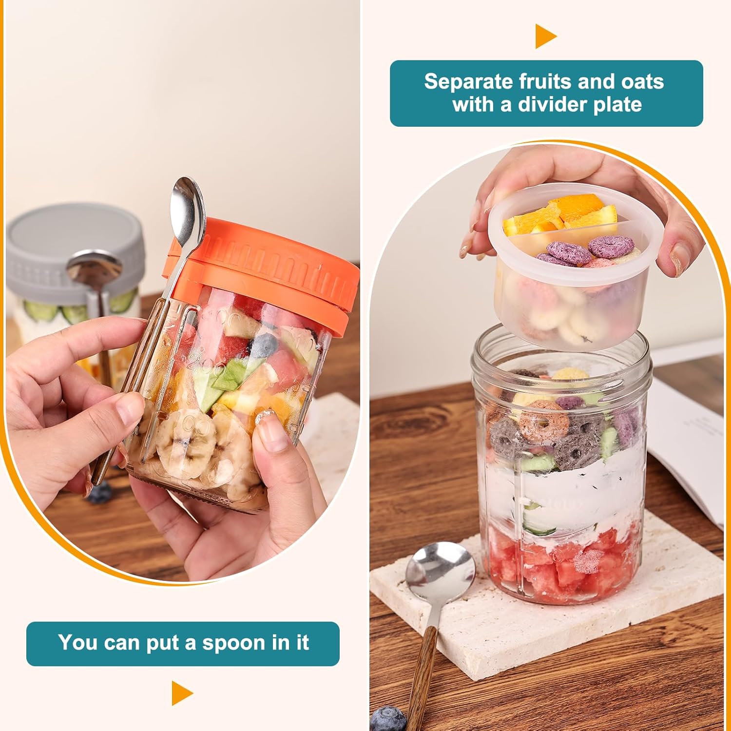 Liuruiyu 6 Pack 16 oz Overnight Oats Containers with Lids and Spoons, Wide Mouth Mason Jars with Removable Separate Compartments, Airtight and Leak-Proof Glass Jars for Chia Pudding, Yogurt, Parfait - Image 6
