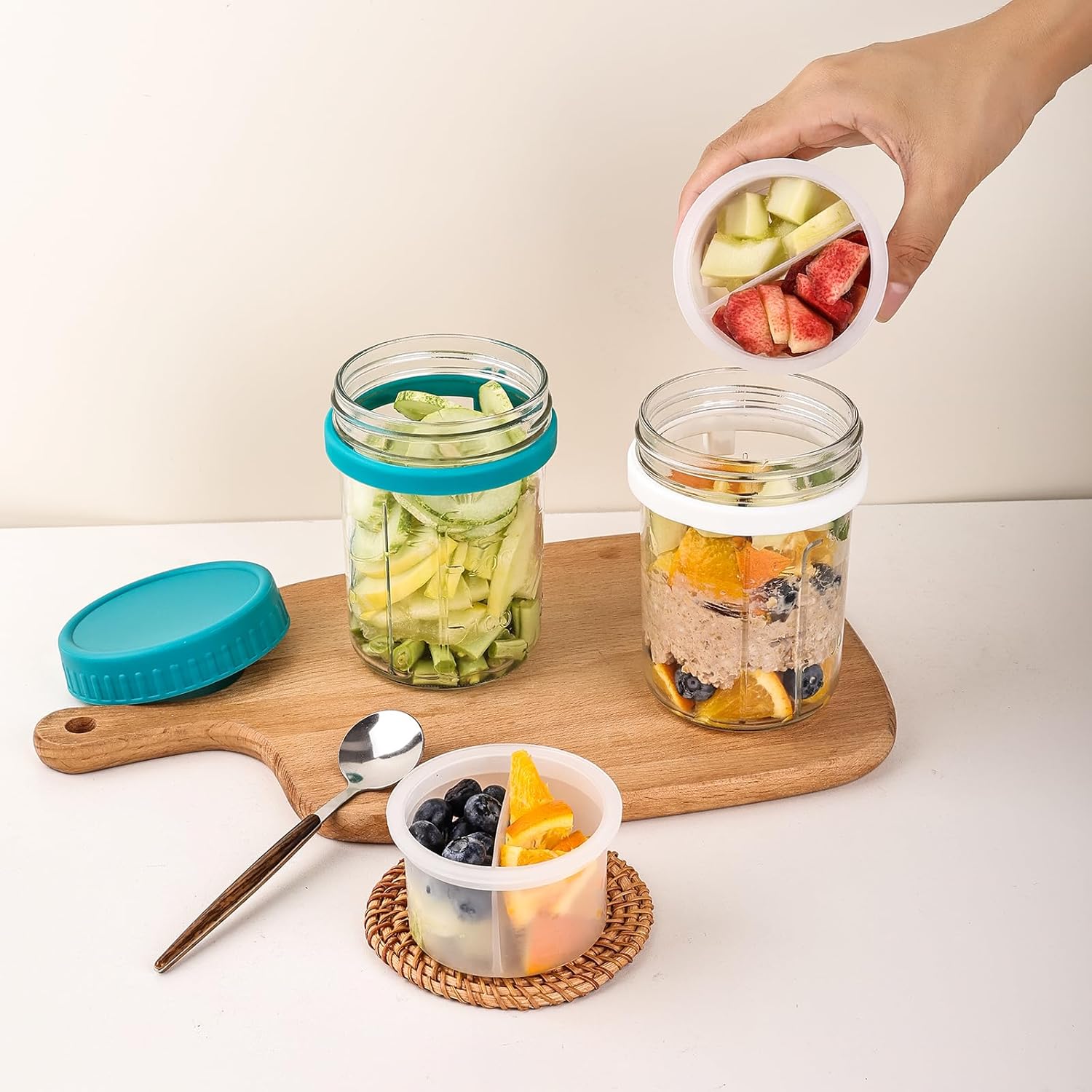 Liuruiyu 6 Pack 16 oz Overnight Oats Containers with Lids and Spoons, Wide Mouth Mason Jars with Removable Separate Compartments, Airtight and Leak-Proof Glass Jars for Chia Pudding, Yogurt, Parfait - Image 4