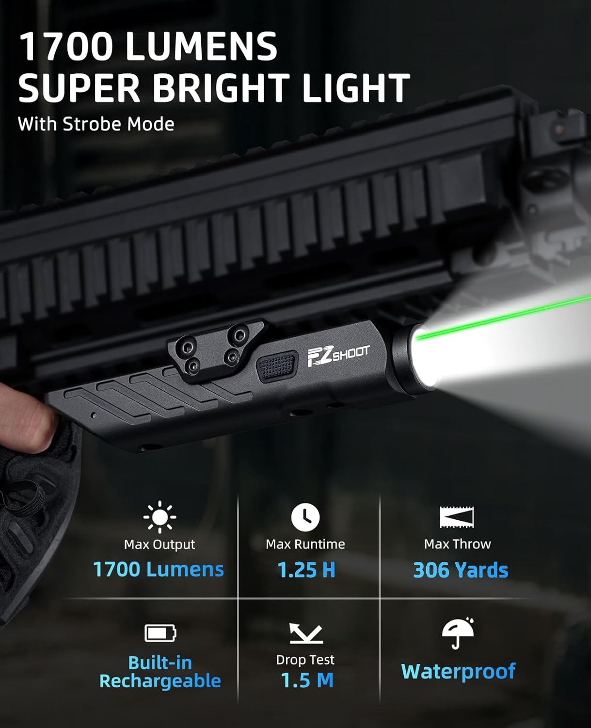 Zshoot 1700 Lumens Tactical Laser Light Combo for Rifle with Magnetic Rechargeable Compatible with Picatinny and M-Rail, Rilfe Flashlight Green Laser Light Combo with Strobe Mode - Image 3