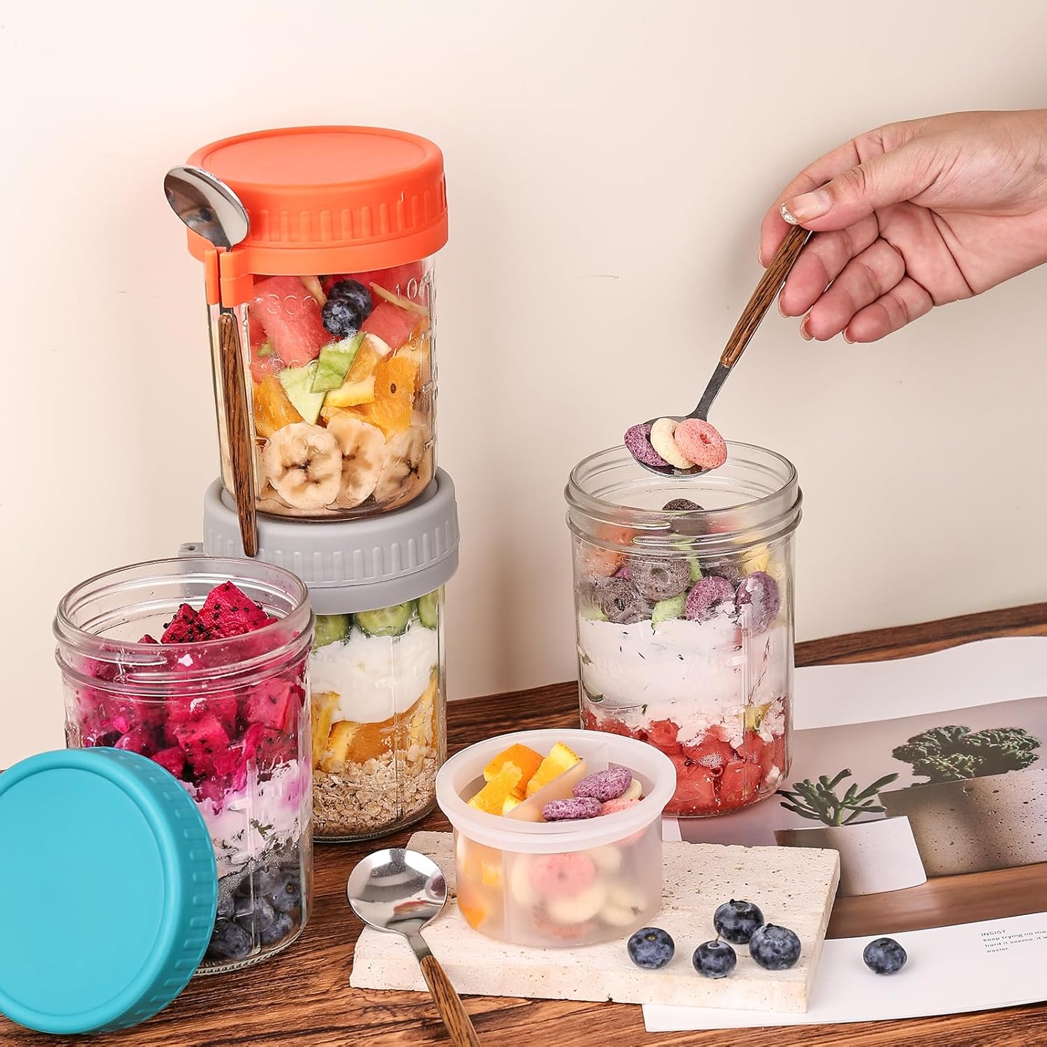 Liuruiyu 6 Pack 16 oz Overnight Oats Containers with Lids and Spoons, Wide Mouth Mason Jars with Removable Separate Compartments, Airtight and Leak-Proof Glass Jars for Chia Pudding, Yogurt, Parfait - Image 8