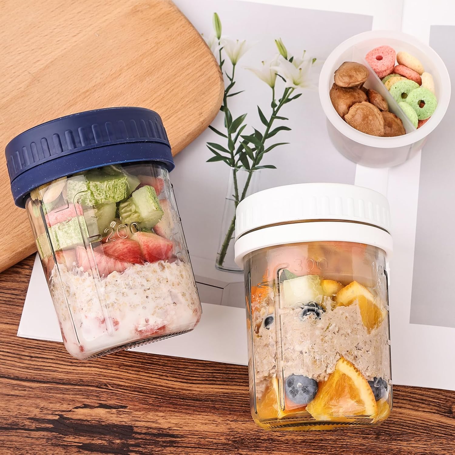 Liuruiyu 6 Pack 16 oz Overnight Oats Containers with Lids and Spoons, Wide Mouth Mason Jars with Removable Separate Compartments, Airtight and Leak-Proof Glass Jars for Chia Pudding, Yogurt, Parfait - Image 2
