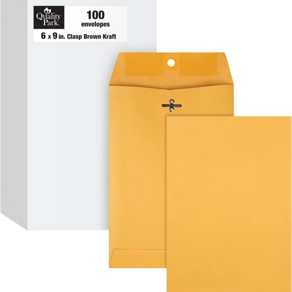 Quality Park 6x9 Clasp Envelopes, Extra Heavyweight 32 lb. Manila Kraft Envelopes, Gummed Seal and Clasp for Storing or Mailing, 100/Box (QUA37755)