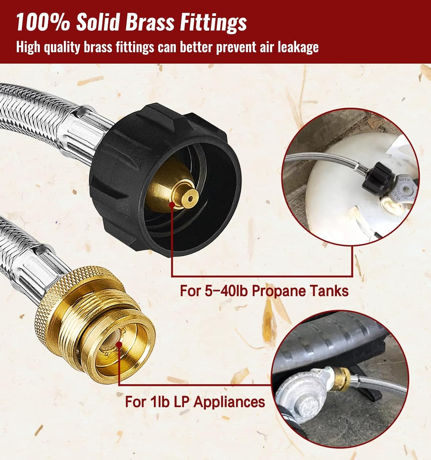 12 Feet Propane Adapter Hose, 1lb to 20lb Adapter Converts 1lb Appliances to 5-40lb Tanks, Stainless Steel Braided Hose for Blackstone Griddle, Weber Q, Coleman Grill, Buddy Heaters and More - Image 4