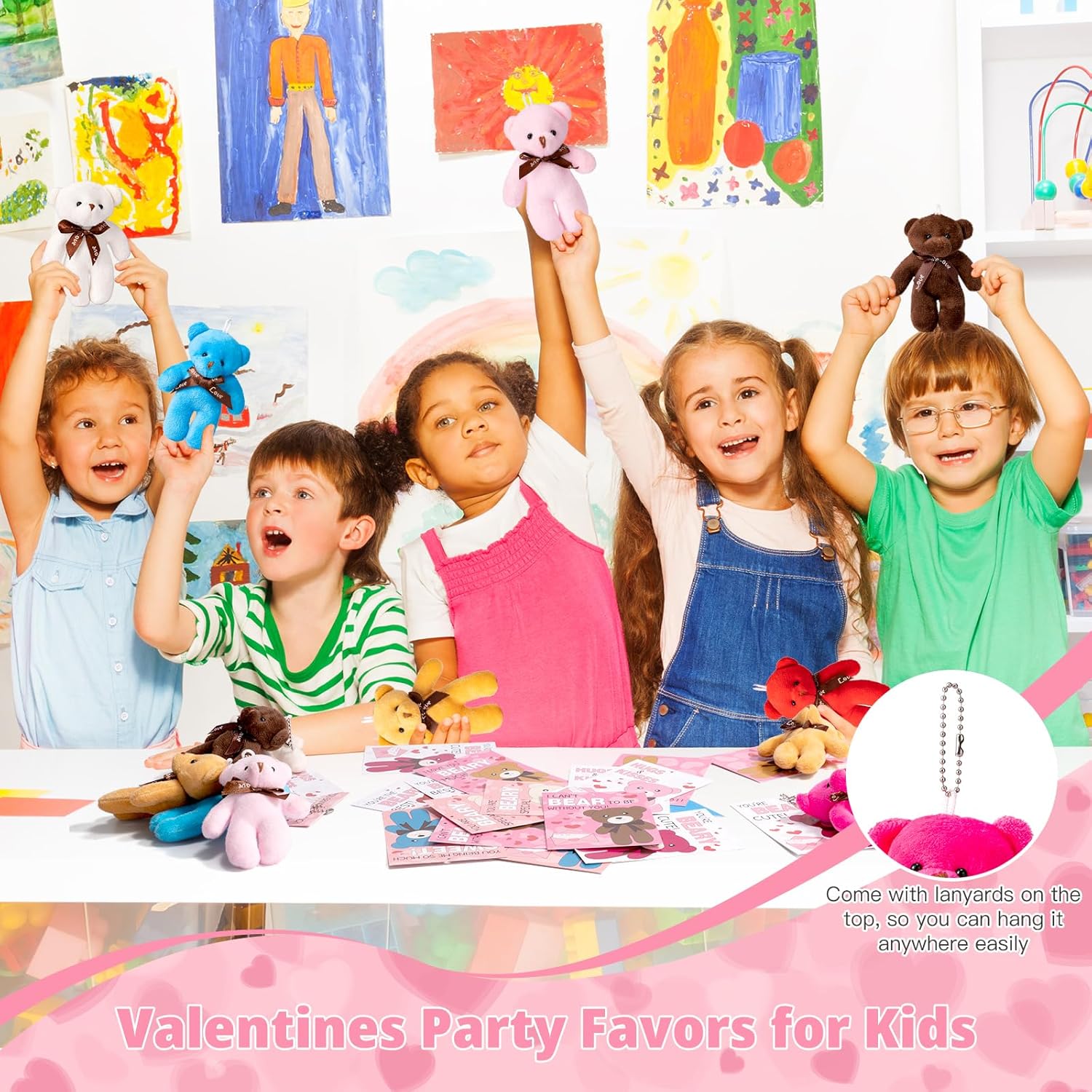 28 Pack Valentine's Day Gift Cards for Kids with Mini Bear Plush Toys Keychain, Mini Stuffed Animal Plush Toys Party Favors for Valentines Day Gifts, Kids Classroom School Exchange Valentines Gifts - Image 6