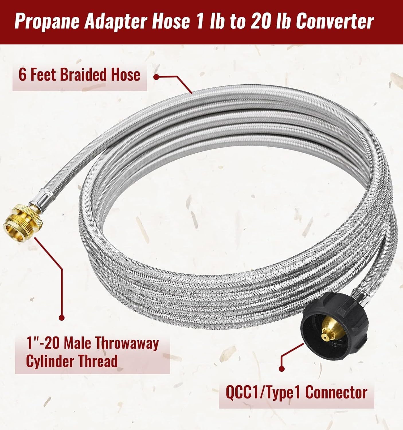 12 Feet Propane Adapter Hose, 1lb to 20lb Adapter Converts 1lb Appliances to 5-40lb Tanks, Stainless Steel Braided Hose for Blackstone Griddle, Weber Q, Coleman Grill, Buddy Heaters and More - Image 3