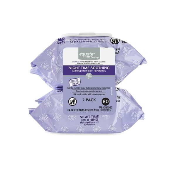 Equate Pre-Moistened Night-Time Soothing Makeup Remover Towelettes, 80 Ct, 2 Pk