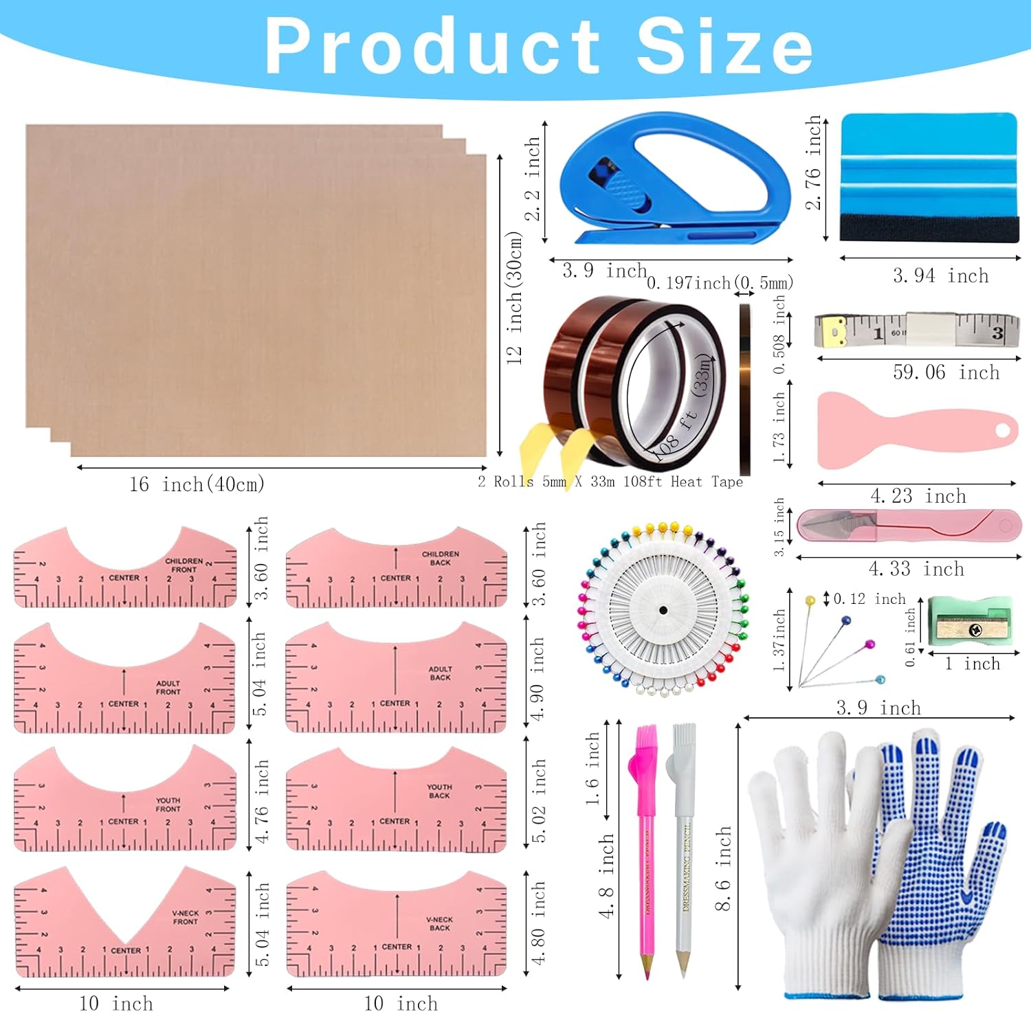 Sublimation Shirt Tool Kits, 8 T Shirt rulers, 3 Pack Teflon Sheet for Heat Press 12 x 16in, Heat Resistant Gloves with Silicone Bumps, 2 Rolls Heat Resistant Tape - Image 2